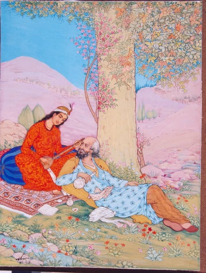 عنوان اثر: پیر لمیده زیر درخت و دختر سه تار زن/موزه بهزاد